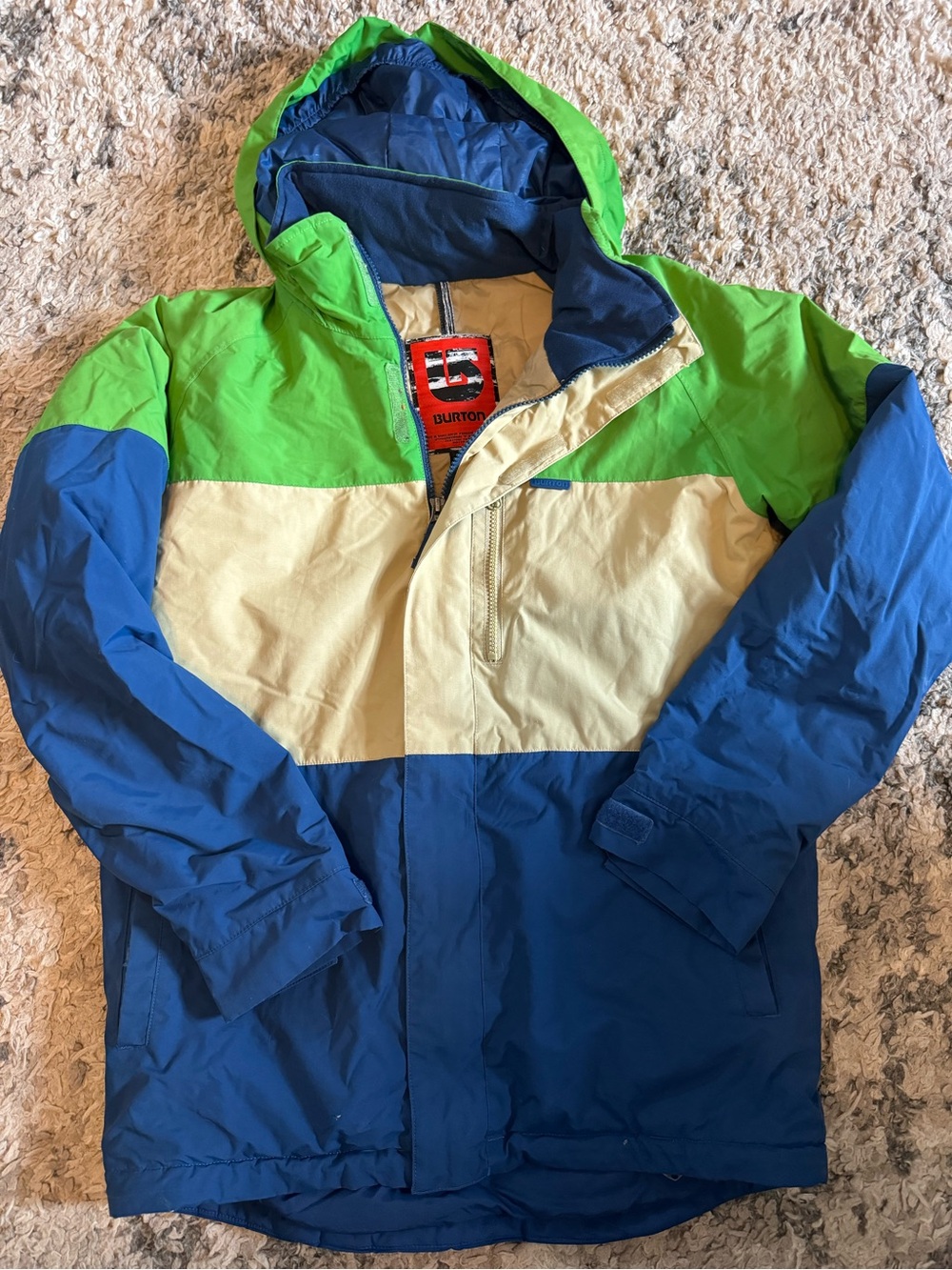 Burton Kids Colorblock Hooded Puffer Jacket in Blue, Green & Cream